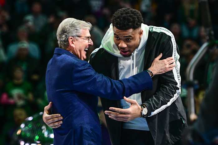 Apr 7, 2023; Milwaukee, Wisconsin, USA; Milwaukee Bucks forward Giannis Antetokounmpo (34) hugs former Bucks general manager John Hammond who drafted Antetokounmpo 10 years ago
